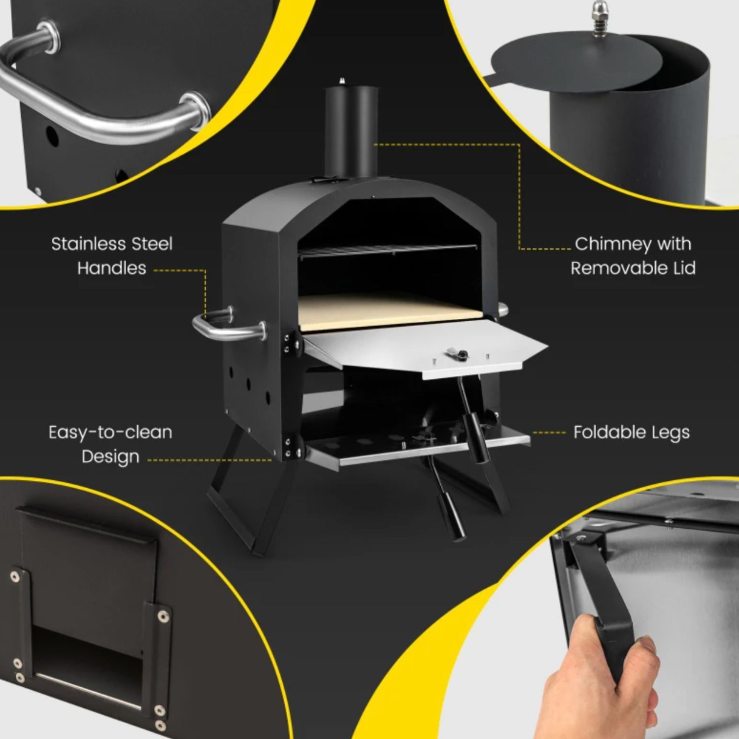 Outdoor pizza wood oven NZ — stainless steel handles and foldable legs