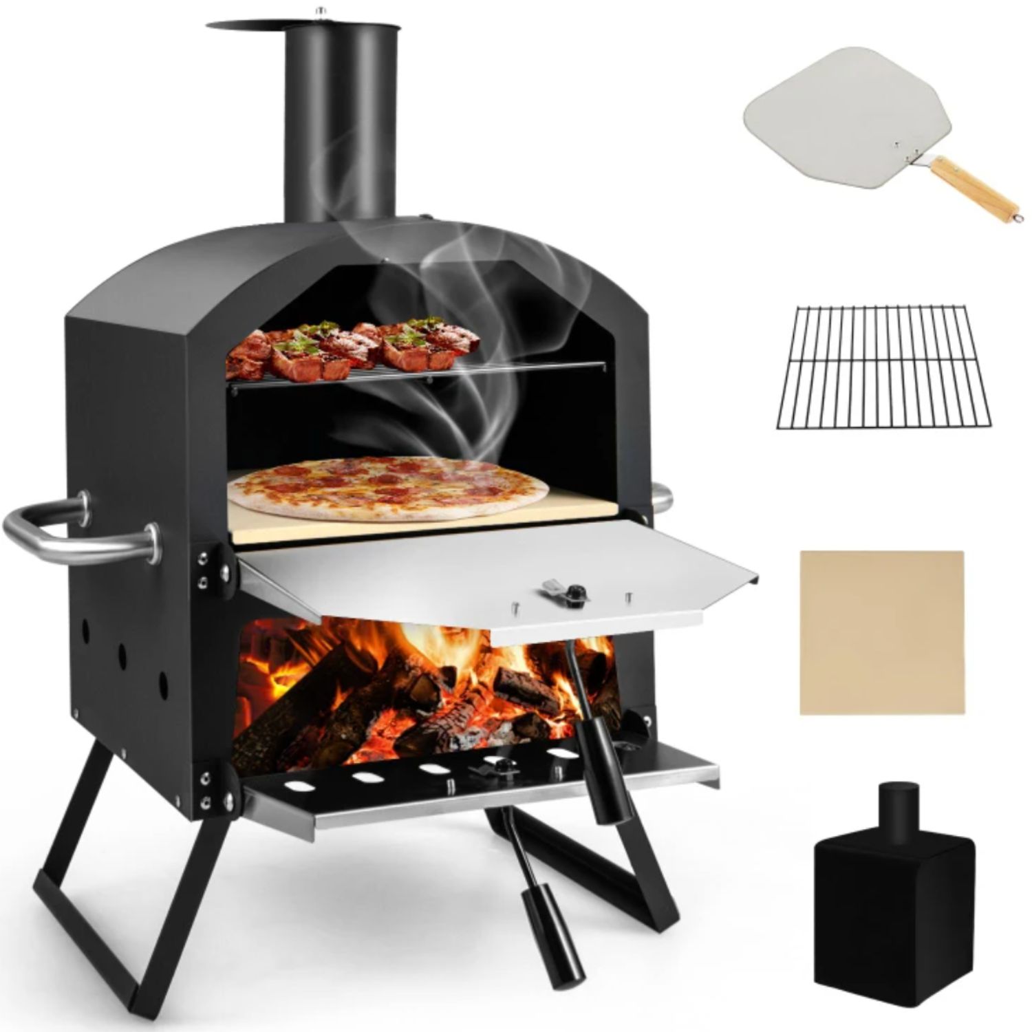 2-layer wood fired pizza oven New Zealand — complete set with pizza stone, grill, peel and cover